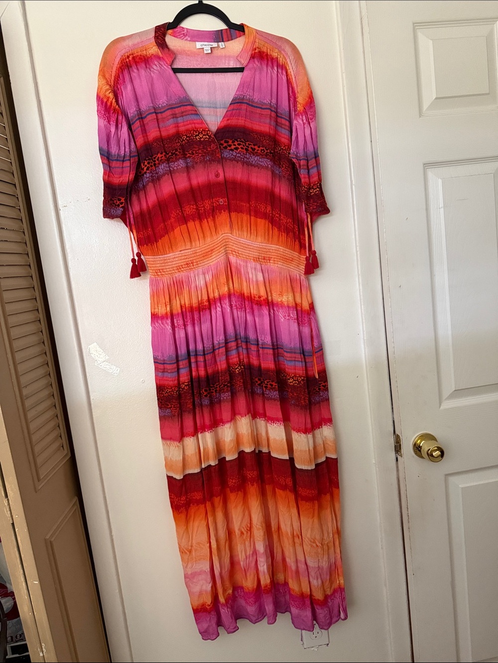 Chico's Pink, Orange & Red Striped V-Neck Maxi Dress